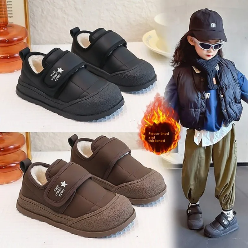 Children's Winter Cotton Shoes New 2026 Faux Suede Warm Plush Cotton Shoes Boys Fashion Anti-slip Rubber Sole Girls