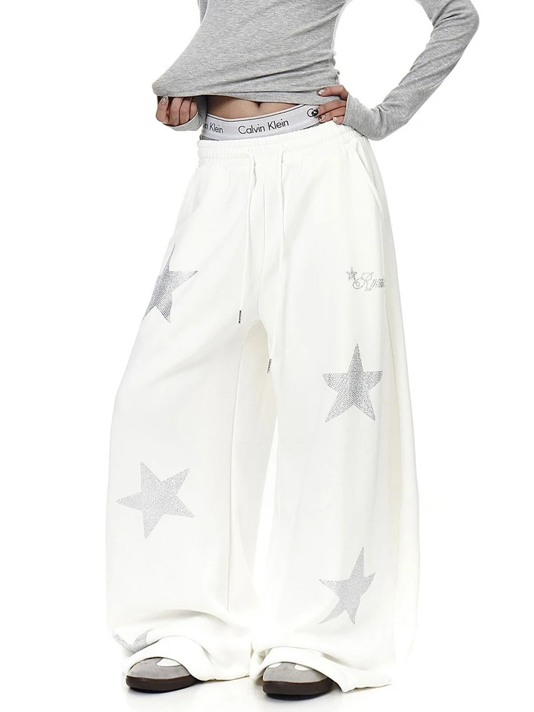 Stars Diamond Wide Leg Pants Women Streetwear Retro Hip Hop Loose Trousers Fall New American Casual Harajuku Lace Up Dance Pant