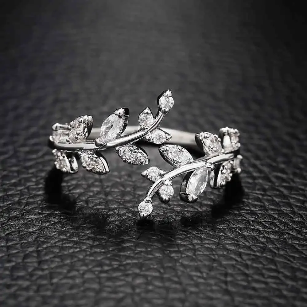Fancy Leaf Design Adjustable Ring for Women | Sparkling Cubic Zirconia Olive Ring | Daily & Party Wear Fashion Jewelry