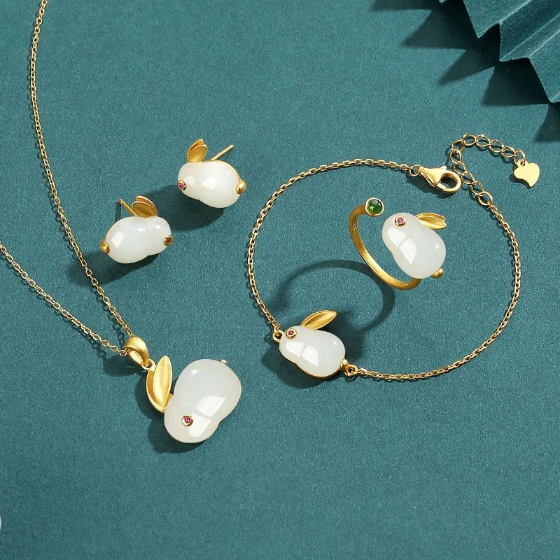 easter Rabbit pendant S925 silver gold-plated cute jade rabbit earrings necklace bracelet ring jewelry wedding gift party favors