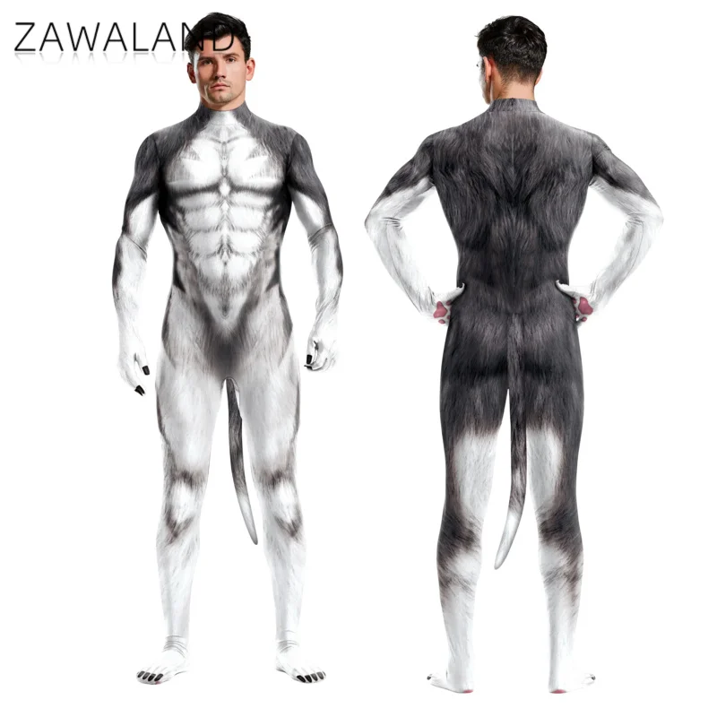 Zawaland-ユニセックスコスプレ衣装,セクシー,スリム,スノーウルフ,動物,3Dプリント,全身タイツ,テール付き全身ジャンプスーツ,パーティープレイスーツ