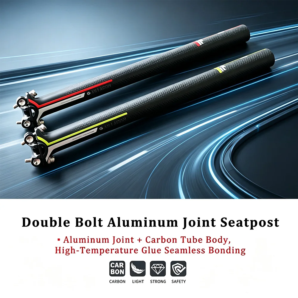 Genuine ASIACOM Carbon Fiber Seatpost, Double Bolt Aluminum Alloy Connector, Mountain & Road Bicycle Seat Tube