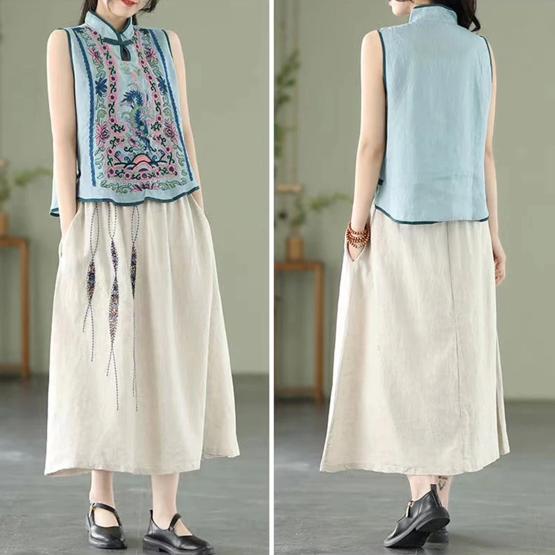 Retro Embroidery Cotton Linen Chinese Traditional Women\'s  Vest Chinese Style Pullover Ladies Summer Exquisite Stand Collar Top