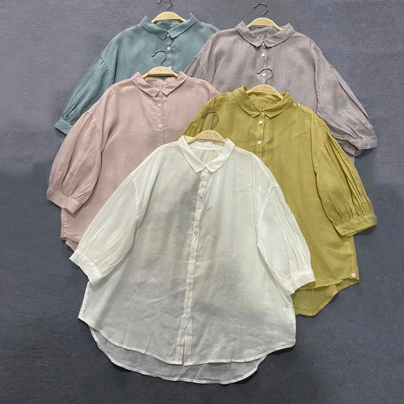 Johnature New Vintage Linen Women Shirts 2024 Summer 5 Colors Button Loose Thin Sunscreen Female Blouses