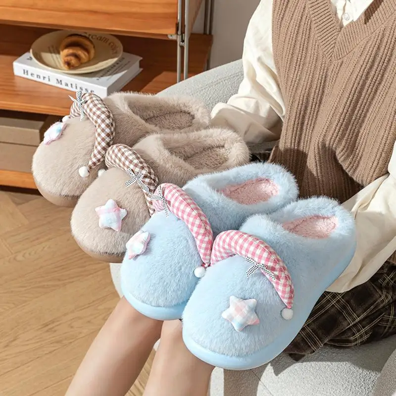 Cute Candy Color Furry Indoor Slippers Women Winter 2026 Fluffy Fur Star Decorat Thick Sole Home Slippers Lady Warm Plush Slides