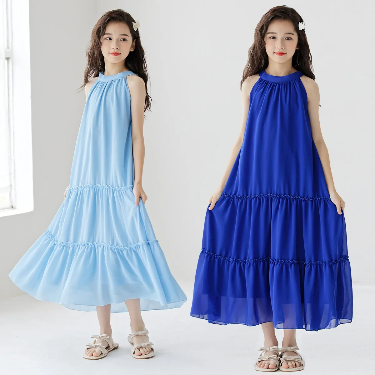 Girls Summer Beach Dress 2024 New Fashion Blue Sleeveless Sling Long Princess Dress Holiday Party Dress Teenage Kids Clothes