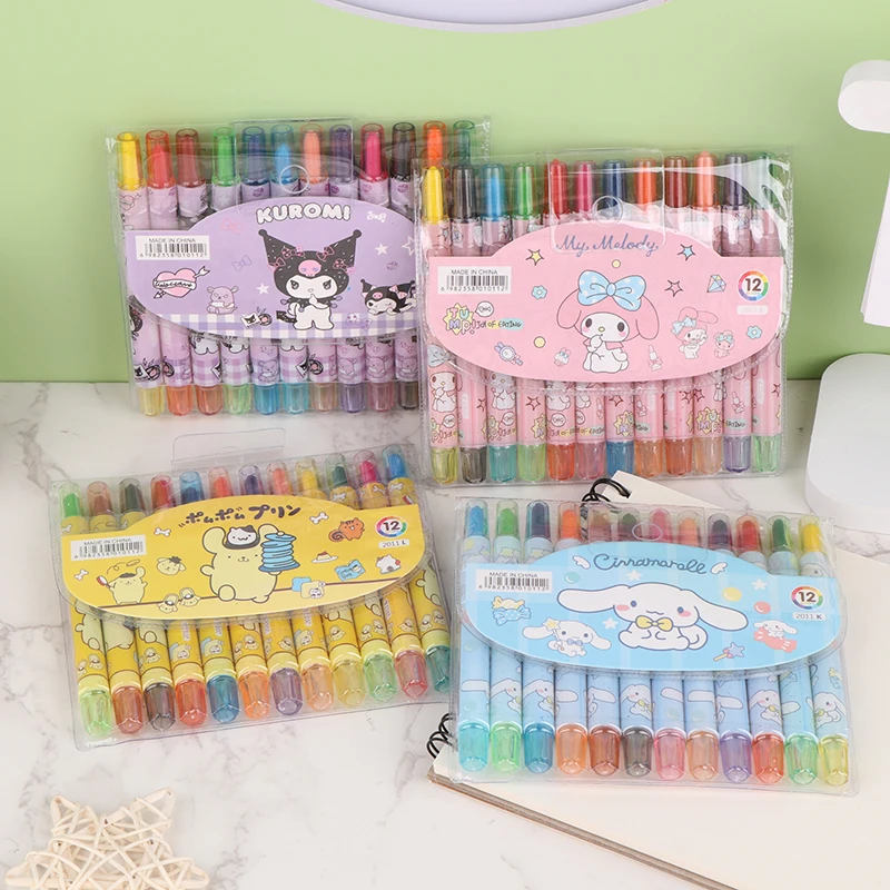 

12Pcs Cartoon Crayon Graffiti Pen Cute Melody Cinnamoroll Kuromi Pochacco Crayon Kid Marker Pens Doodle Pen Drawing Stationery