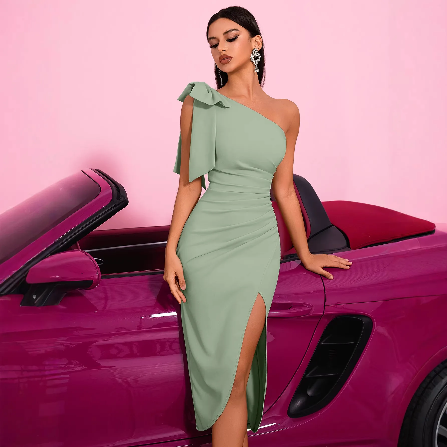 New Style Sexy Off-shoulder Slim-fit Dress With Pleated Design And Side Slit, Elegant Evening Gown For Banquets Party Boho Midi