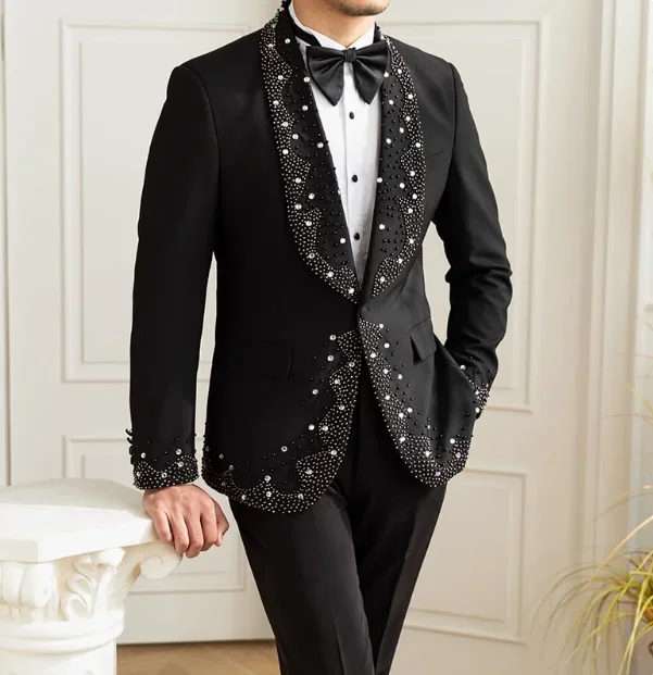 Men's 2024 Blazers Trendy Atmospheric Light Luxury High-end Suit Jackets Retro Black Stage Long-sleeve Rhinestone Suit Jacket