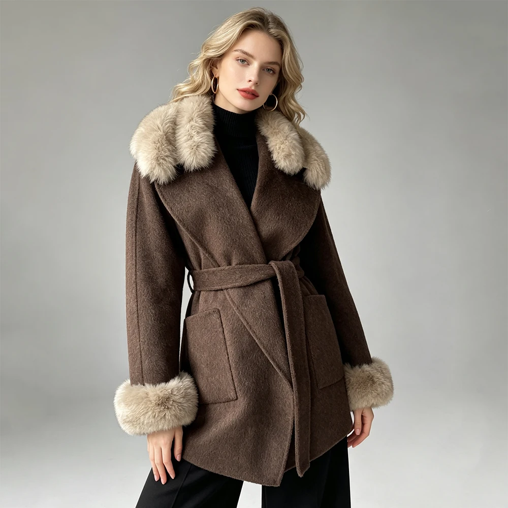 Jaxmonoy Women's Cashmere Wool Coat with Real Fox Fur New Arrival Winter Outerwear Jacket Ladies Fashion Maillard Color Overcoat