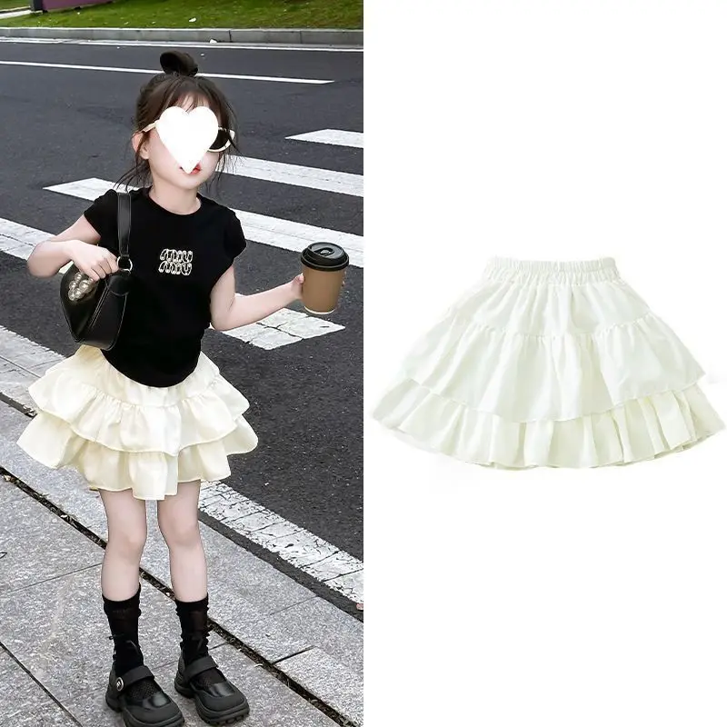 تنورة منفوشة مرنة عالية الخصر للفتيات على طراز Preppy تنورة مزدوجة الطبقات بطيات مكشكشة بحافة كعكة صغيرة تنورة لطيفة Y2K