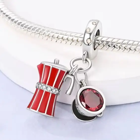 

925 Sterling Silver Dangle Charm Coffee Moka Pot Fit Original Bracelet Making For Woman Jewelry