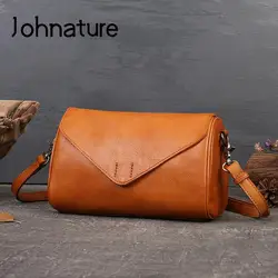 Johnature Versatile Solid Color Genuine Leather Women Bag 2024 New Retro Soft Real Cowhide Simple Shoulder & Crossbody Bags