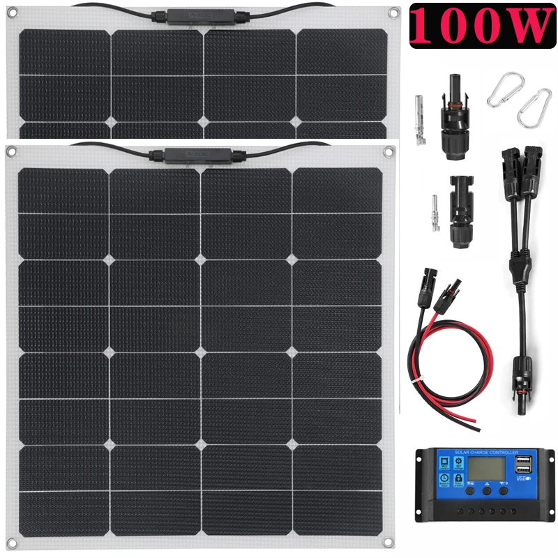 100W 18V ETFE Solar Panel+30A/60A/100A Solars Charge Controller for Outdoor Camping Home Car Energy Storage Charging Plate Set