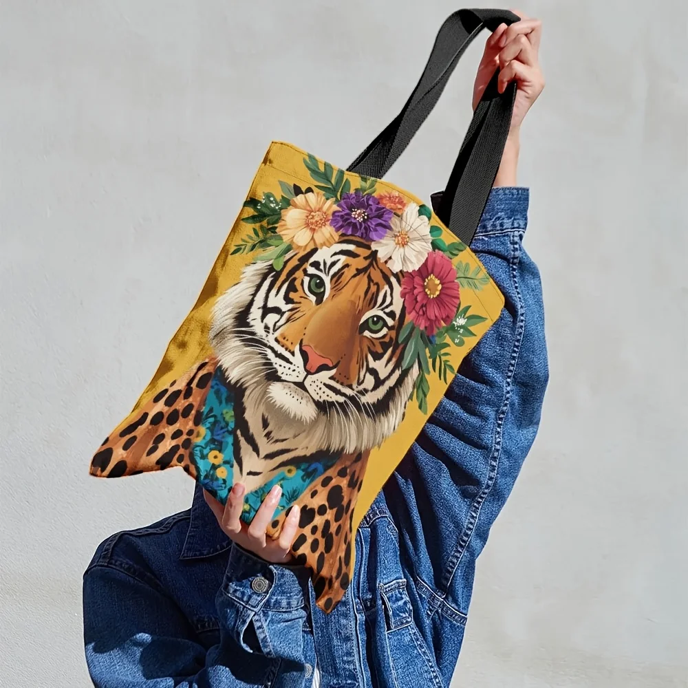 1pc Stylish Tiger & Leopard Print Tote Bag with Vibrant Floral Wreath Design for Shopping Shoulder Bag, Handbag