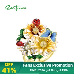SANTUZZA 925 Sterling Silver Rings For Women Champagne Yellow White CZ Enamel Flower Butterfly Ladybug Fine Jewelry Handmade