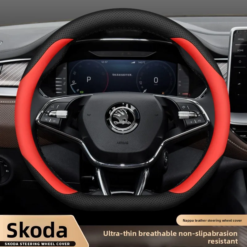 

Leather Car Steering Wheel Cover for Skoda Karoq Enyaq Superb Enyaq Kodiaq Scala Fabia Octavia 2024 2025 2026 Accessories