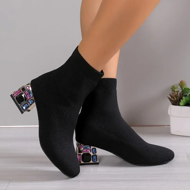 Women Hot Sale High Heels Short Boots 2024 Winter Designer Square Toe Mesh Breathable Stretch Sock Boots Slip on Platform Shoes