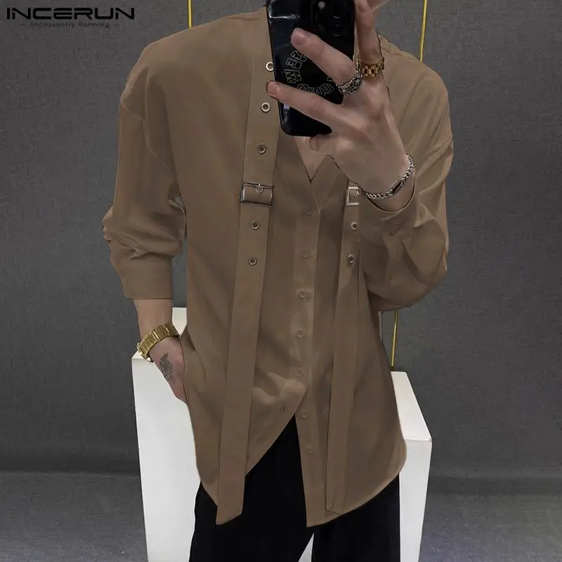 INCERUN Tops 2024 Korean Style Handsome Men\'s Ribbon Design Shirts Casual Streetwear Male Solid Loose Long Sleeved Blouse S-5XL