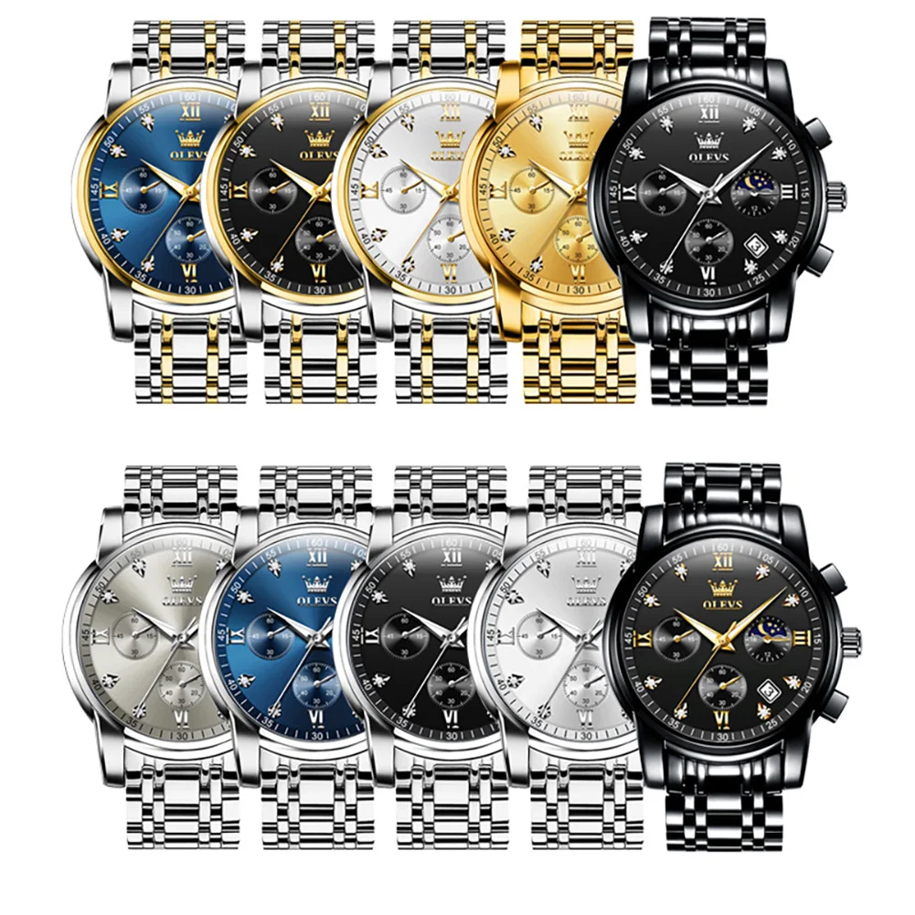 OLEVS นาฬิกาผู้ชายยอดนิยมสแตนเลสสีดำมูนเฟสโครโนกราฟนาฬิกาควอทซ์สำหรับผู้ชายวันที่นาฬิกาข้อมือแบรนด์เดิม
