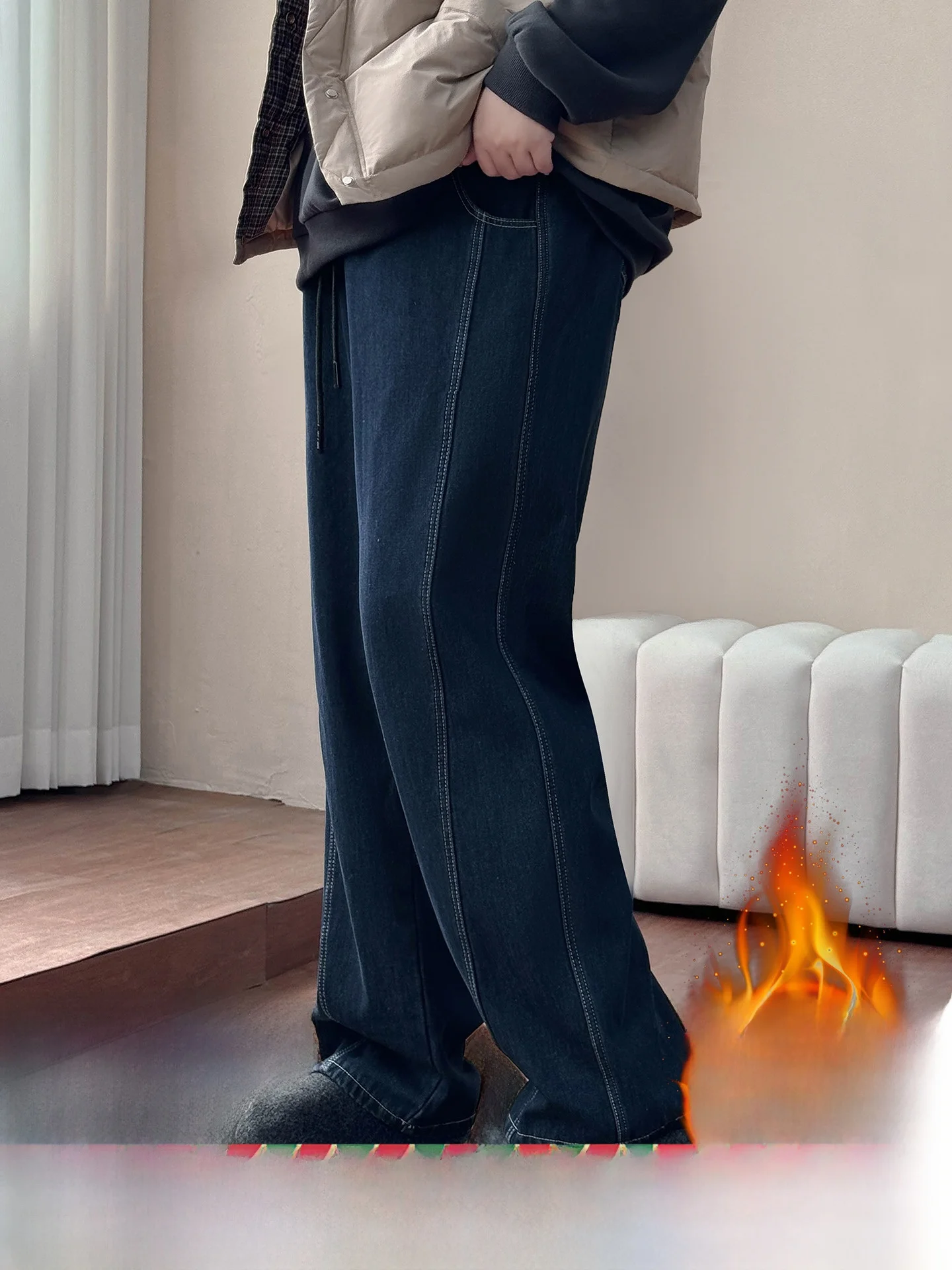 

Широкие джинсы с высокой талией и подкладкой, винтажные женские повседневные зимние брюки больших размеров из смеси хлопка и полиэстера