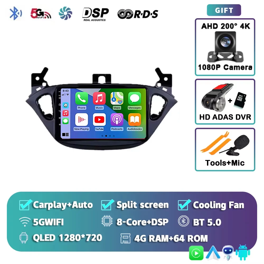 Android 16 voor Opel Corsa E 2014 - 2019 Adam 2013-2016 2K QLED Stereo autoradio multimediaspeler GPS AI spraakbesturing CarPlay 4G