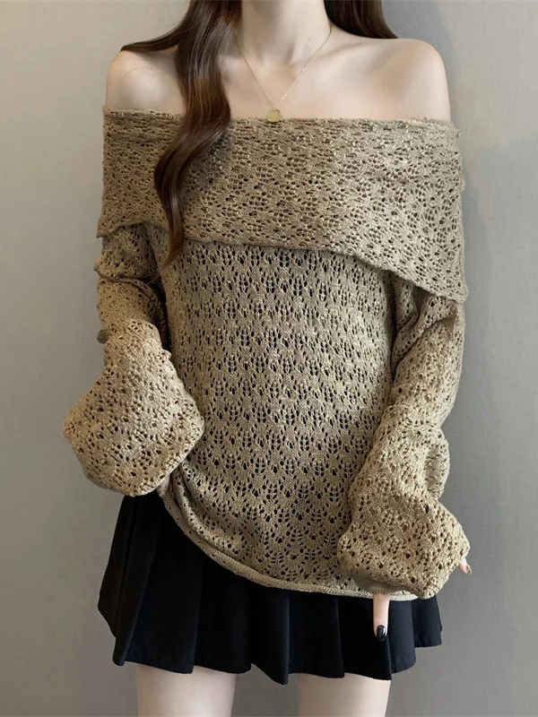 Elegant Khaki Hollow out Knitwear Shoulder Baring Loose Fit Long Sleeve Women's Top Comfortable Style Autumn Fashion plus Size