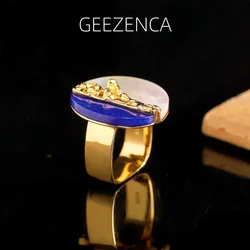 GEEZENCA Natural Lapis Lazuli S925 Silver Big Rings For Women Mother Of Pearl Exaggerated Wider Gold Plated Ring 2023 New Gift