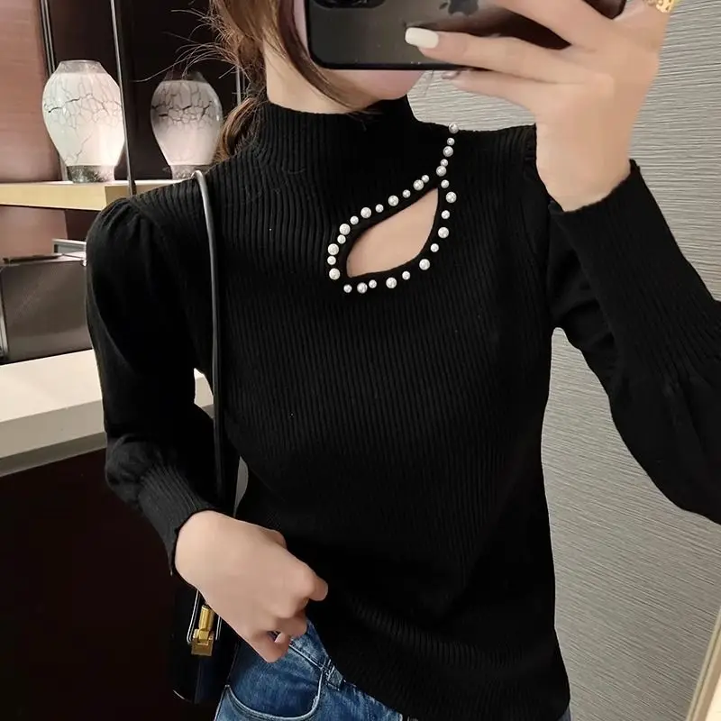 Half High Neck Nail Bead Hollow Knitted Base Sweater with Women's Bubble Sleeves New Sweater for Slimming and Fashionable