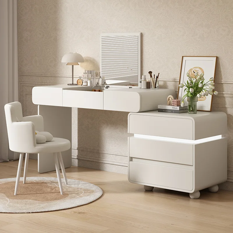 

Dressing Table Smart Makeup Vanity Desk Modern Solid Wood with LED Lighted Mirror Flip Top Dresser Table Stool for Bedroom