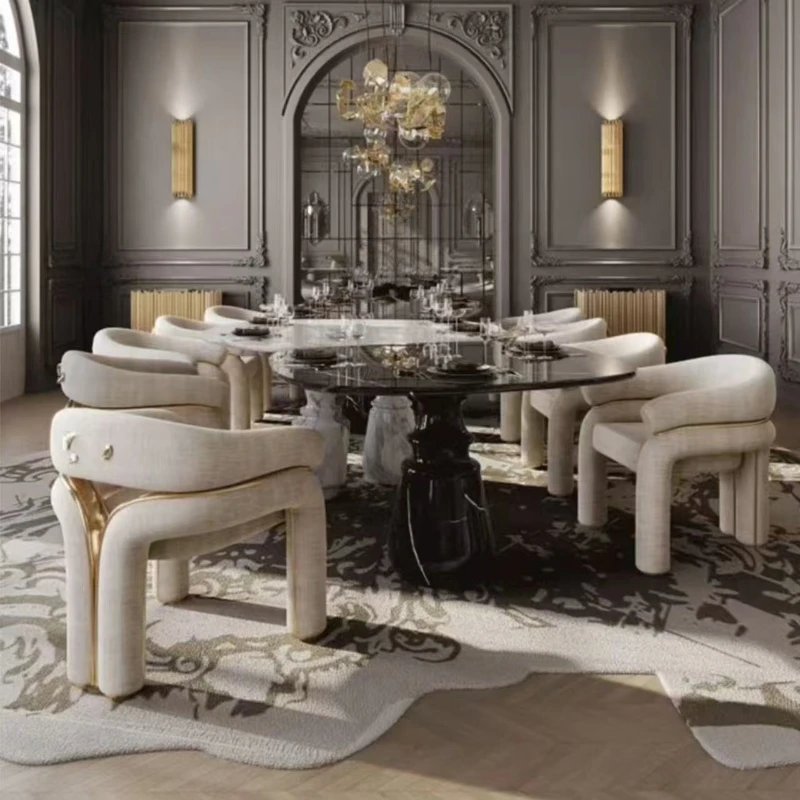 

Italian light luxury fabric dining chair villa mansion creative backrest single leisure chair household high-end metal armchair