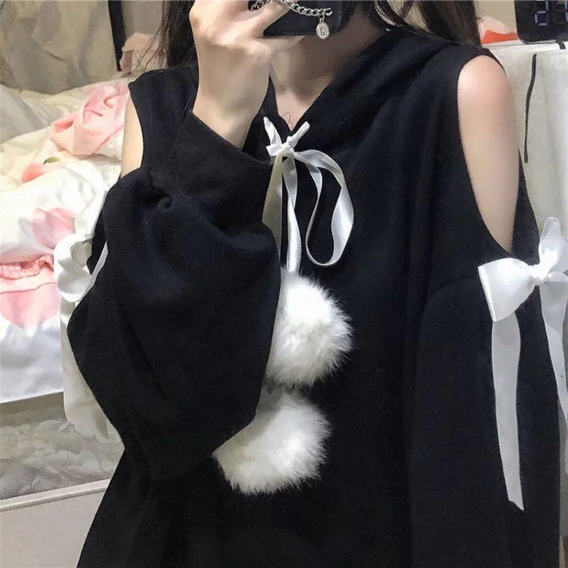 HOUZHOU Kawaii Hoodies Off Shoulder Harajuku Women Sweatshirt White Japanese Style Long Sleeve Top Spring Autumn Sweet Pullovers