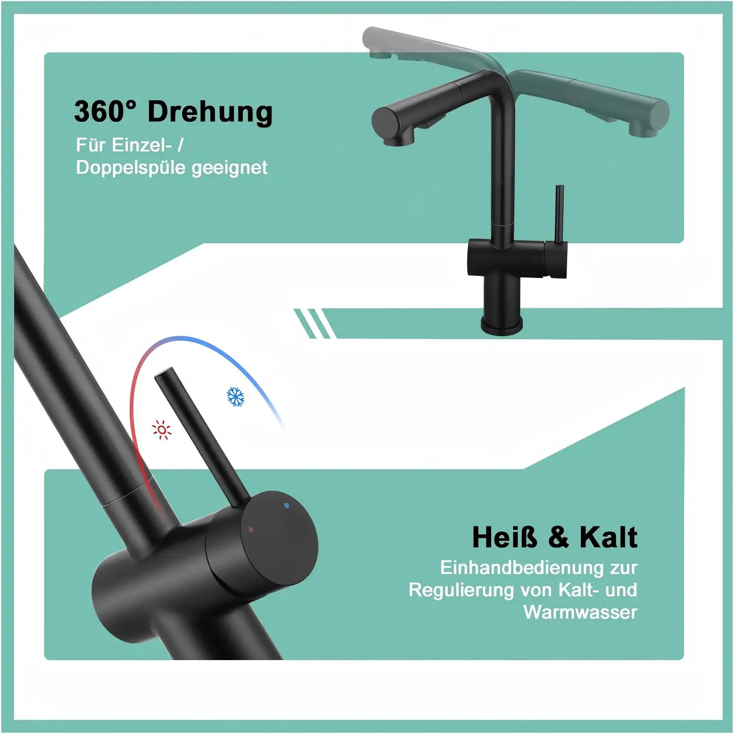 Oeegoo 2-teiliger Niederdruck-Küchenschrank Schwarz, 360 ° Drehbar, mit zwei Wassersprüharten, geeignet für niedrigen Druck – Detail 3