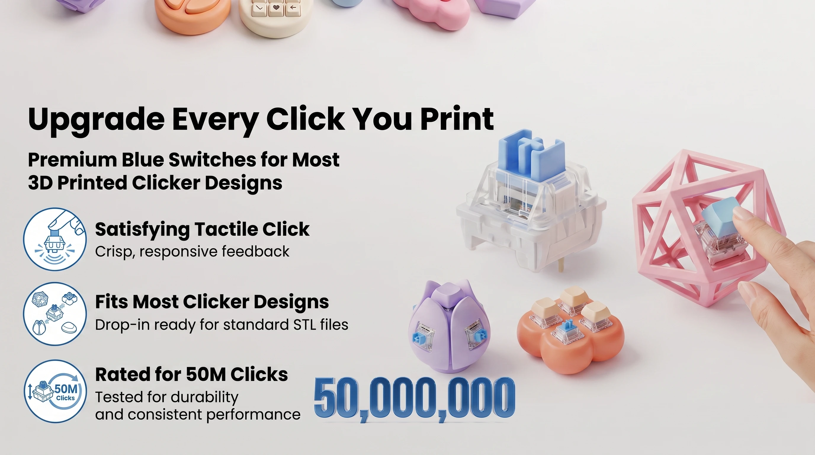 100 Stück blaue mechanische Tastaturschalter, 3-Pin MX Clicky-Schalter für 3D-gedruckte Fidget-Clicker, DIY-Schlüsselanhänger, 50 Millionen Klicks – Detail 1