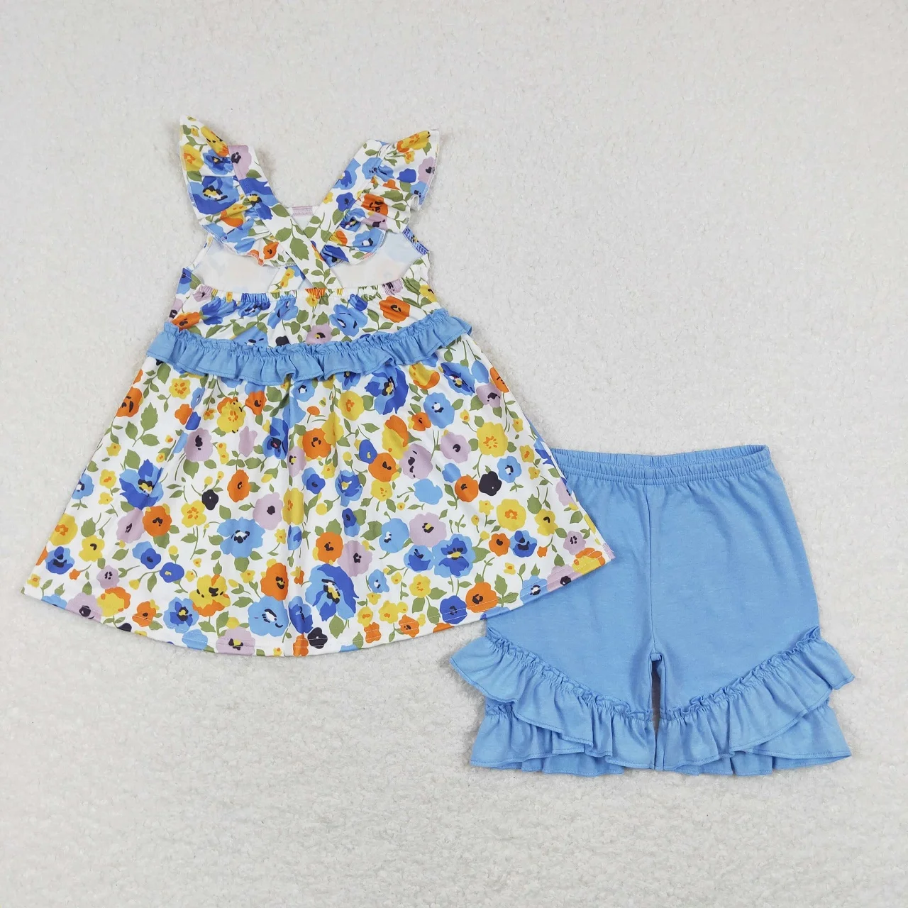 Wholesale hot sale children’s clothing for Baby Girls Clothes Floral blue lace flying sleeve shorts suit image 2