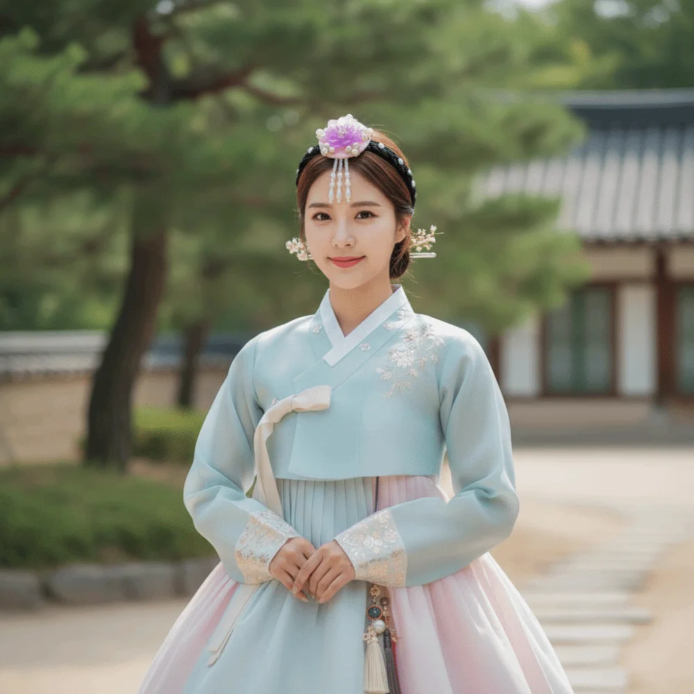 

Sweet Flower Korean Headband Tassels Traditional Hanbok Hairband Headdress Pearl Stage Dance Hair Hoop Ladies