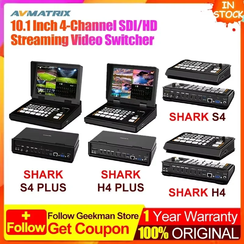 AVMATRIX Shark S4 / S4 Plus Shark H4 / H4 Plus  4-CH SDI/HDMI Streaming Video Switcher 10.1 inch FHD IPS Screen