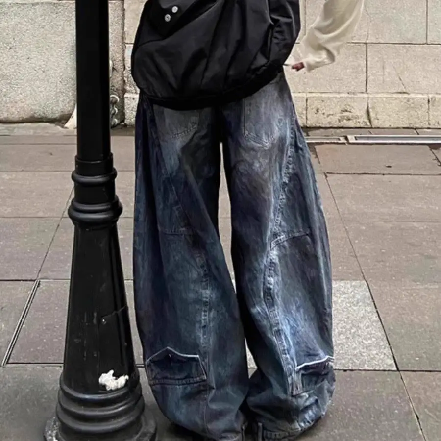 Punk Street Style Fashion Denim Pants American Retro Wash Personality Wide Leg Jeans Chic Gothic Pockets Casual Pants Y2k 2025