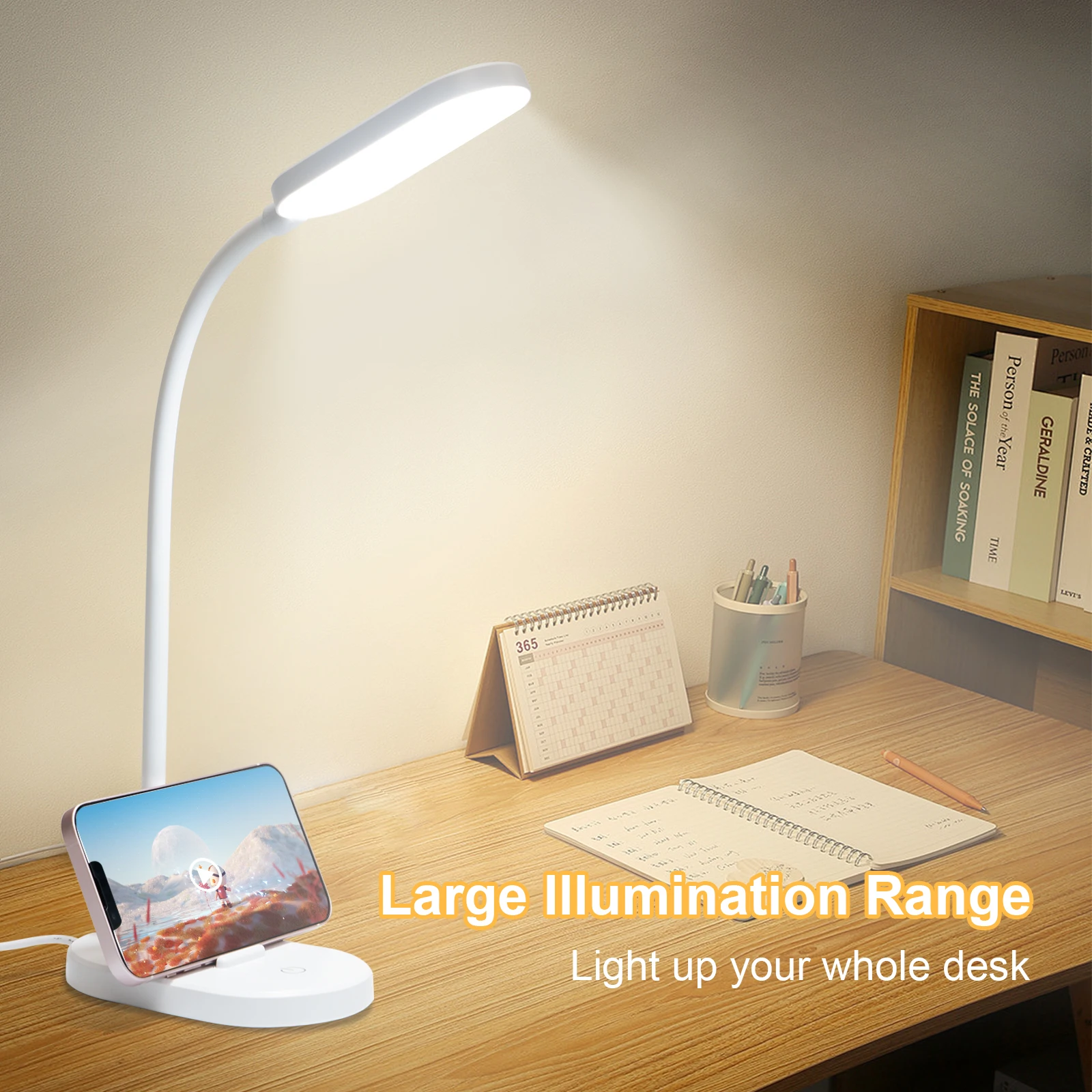 

LQWELL LED Desk Lamp Study Lamp for Home Office, 360° Flexible Touch Control Table Lamp with Phone Holder, CRI≥80