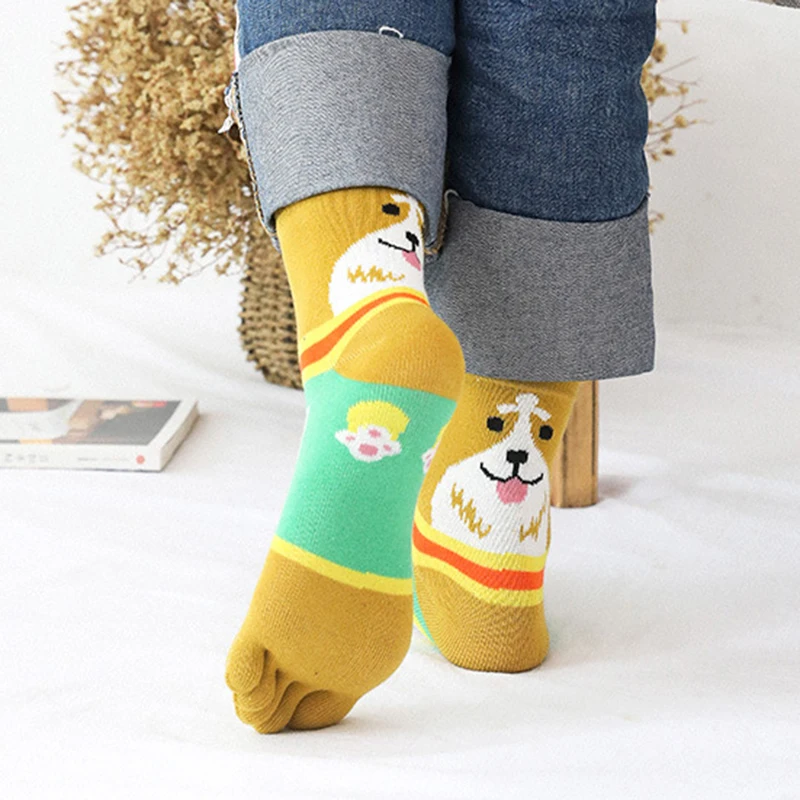 1 Pairs Pure Cotton Women Girl Five Finger Short Socks Colorful Dog Breathable Young Casual Harajuku Socks with Toes Hot Sell