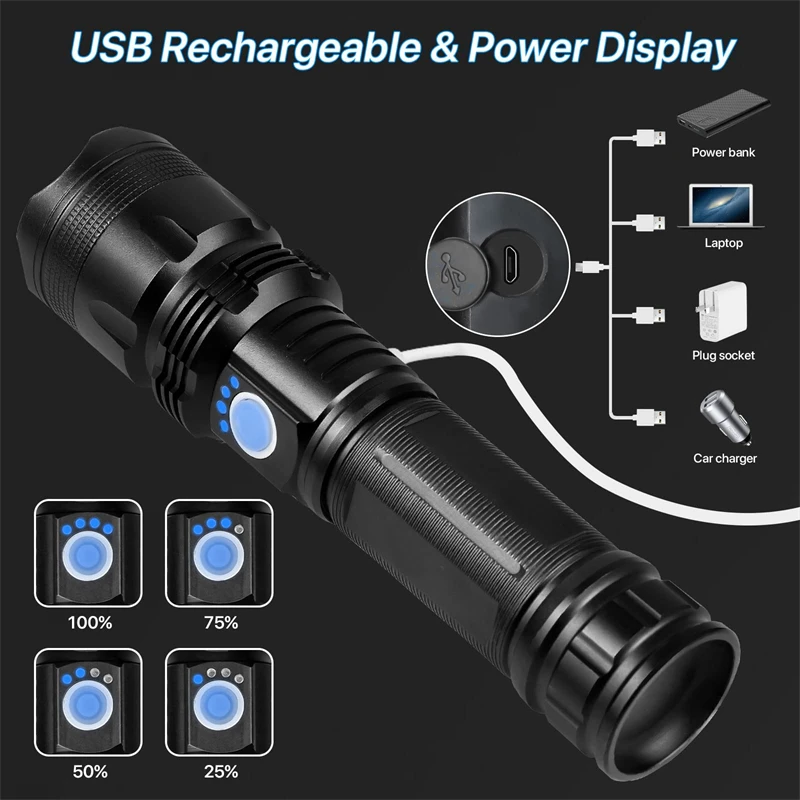 Lampe de poche LED Rechargeable, puissante, lumière vive, Zoomable, 5 Modes, pour Camping, 100000 Lumens