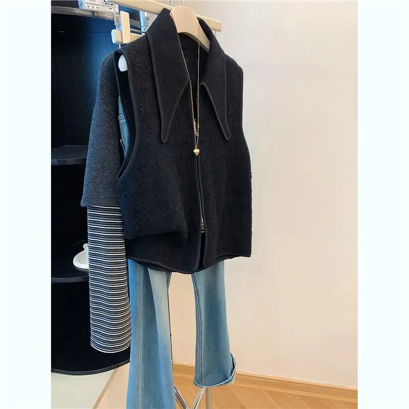 

Bla Collar Hole Design Ele Lady Vest Women's Autumn Winter Thiened Zipper Closure Color Faion Outerwear