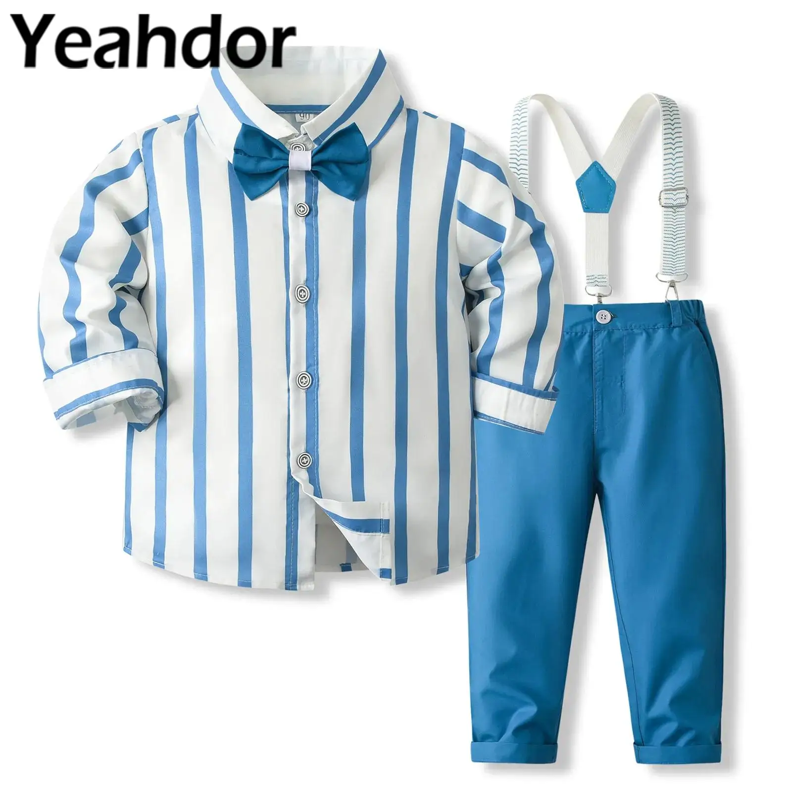 

Kids Boy Gentleman Suit Long Sleeve Stripe Shirt Pant Flower Boy's Clothes Sets for Birthday Party Christening Baptism Wear