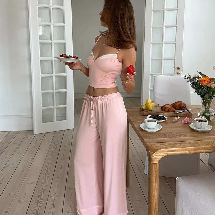 Summer Women's Clothing Deep V Neck Bow Tie Cami Pajama Set Long Pants Night Wear For Ladies Polyester Thin Lingerie Set view 4