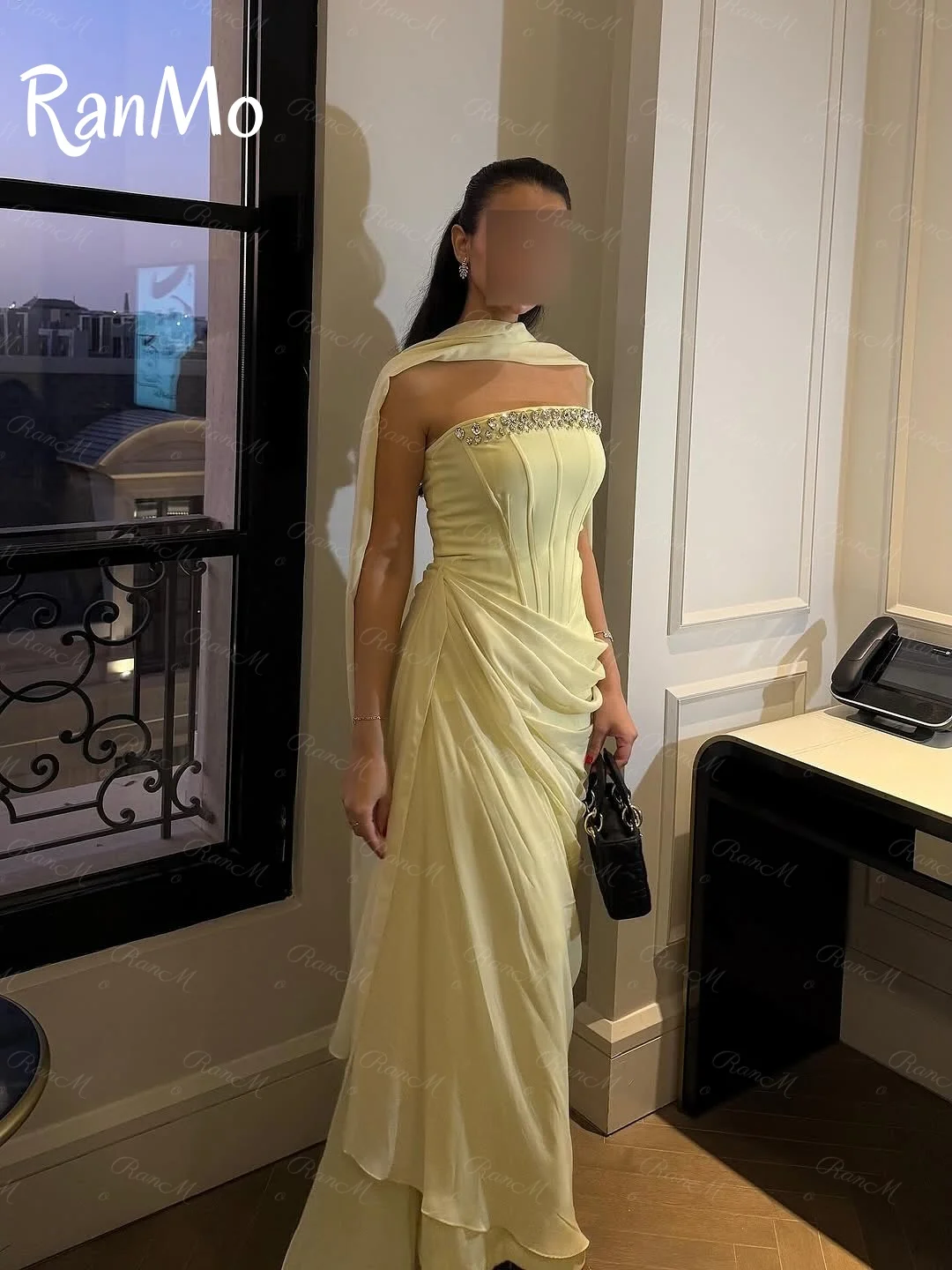 Ranmo Customized See Through Chiffon Strapless Sleeveless Evening Dress Temperament Prom Dresses Delicate Crystal Party Gown New