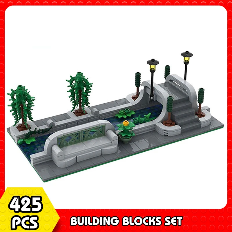 MOC City Street View Canal Building Block Set Park River Bridge Street LampBrick Scene Construction Block Toys