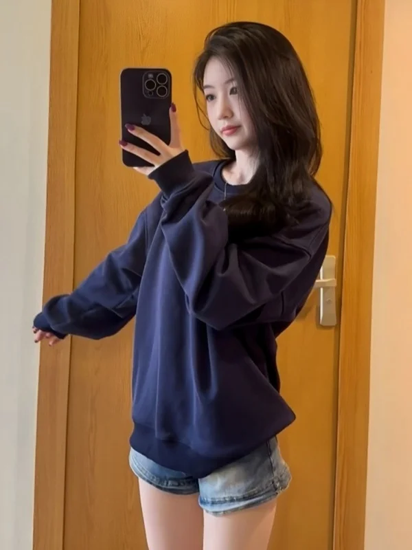 

Корейский свитшот Lazy Sle с круглым вырезом, женский свободный топ с длинными рукавами, модный, стройнящий, маленького размера, осенняя новинка