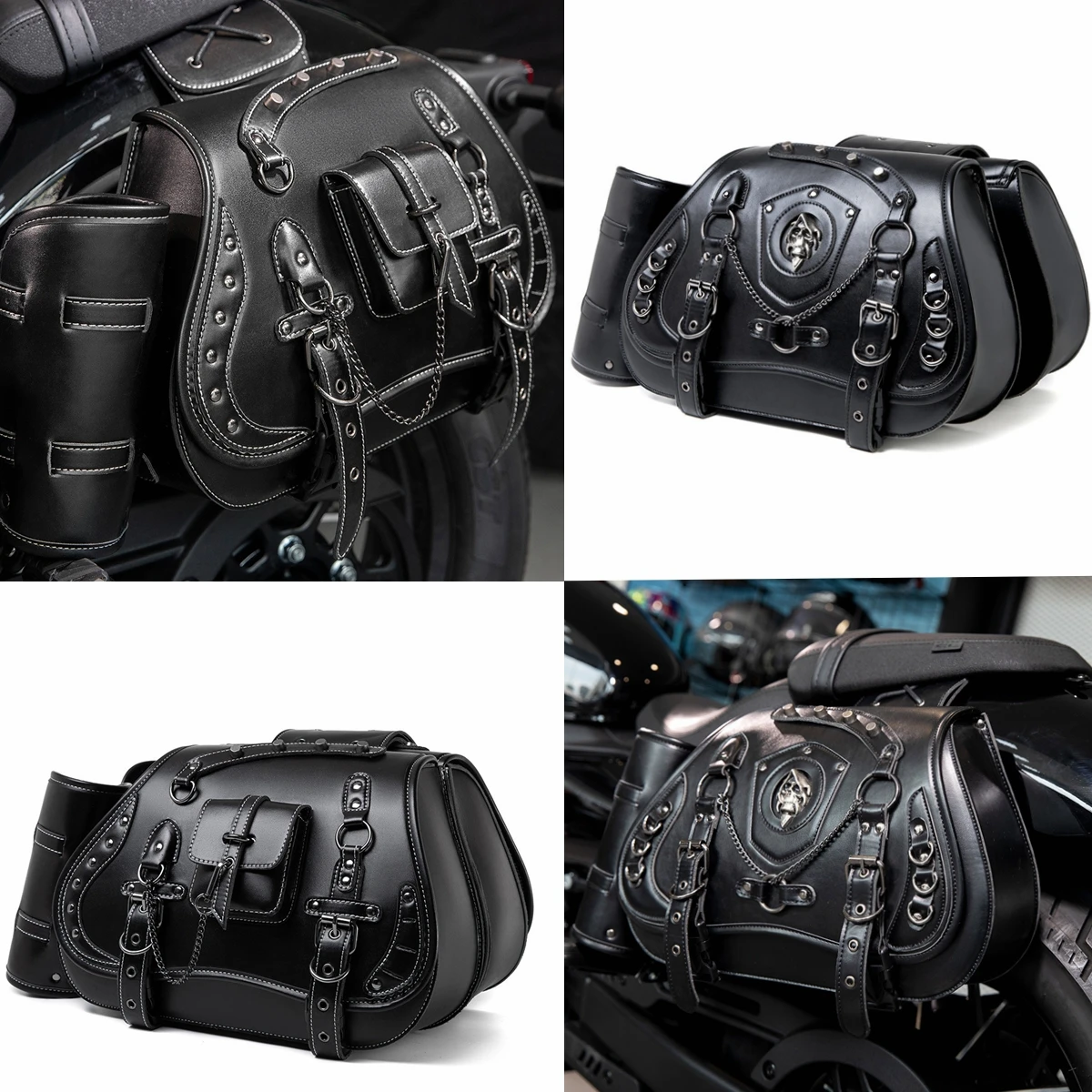 Universal Retro Motorcycle Saddlebag Throwover Saddlebags for Harley Honda Yamaha Suzuki PU Leather Skull Monster Pattern Knight