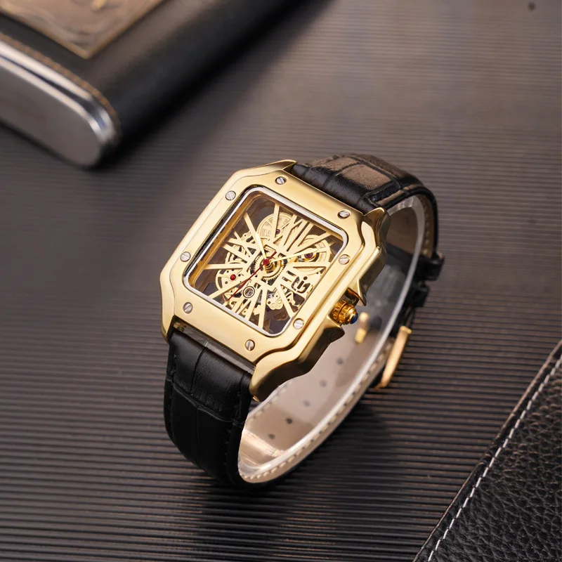 UTHAI L56 relógio masculino, não mecânico, relógio quadrado oco, impermeável, totalmente automático, moda masculina, relógios de quartzo