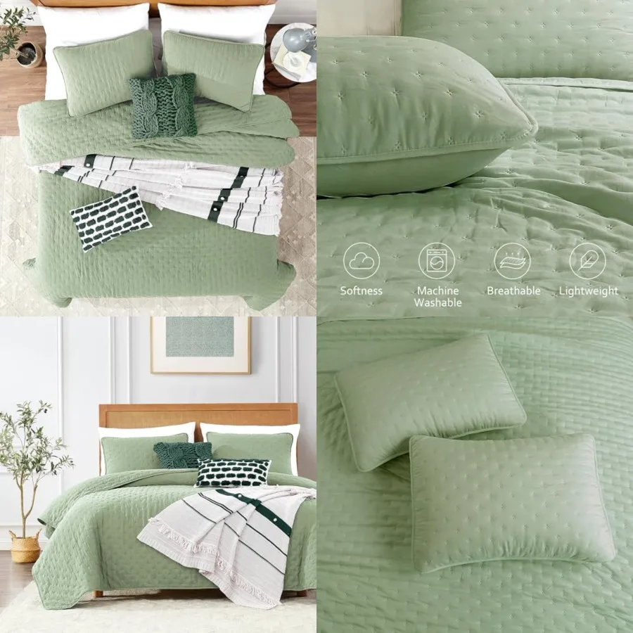 

Green Oversized Size Quilt Bedding Set, Cal Lightweight Soft Bedspread, Farmhouse Rustic Country Coverlet for Spring Summer, 2